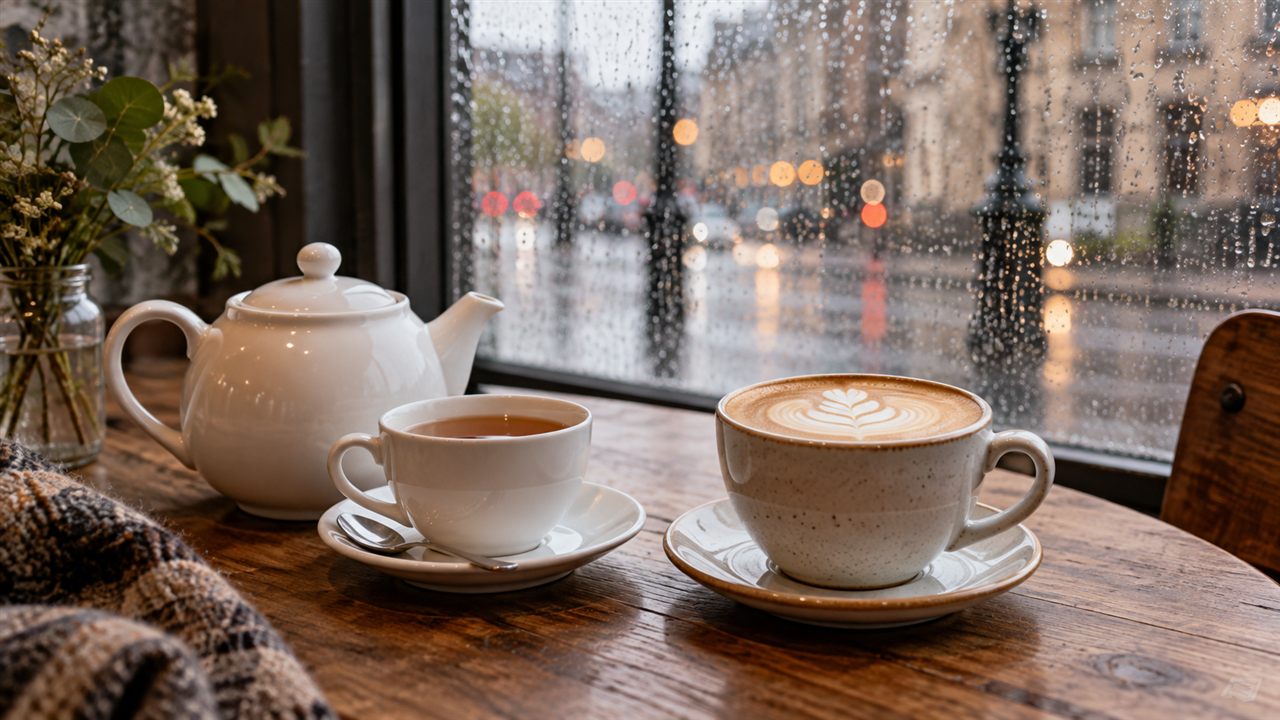 A traditional teapot and cup alongside a flat white at a rainy café window.