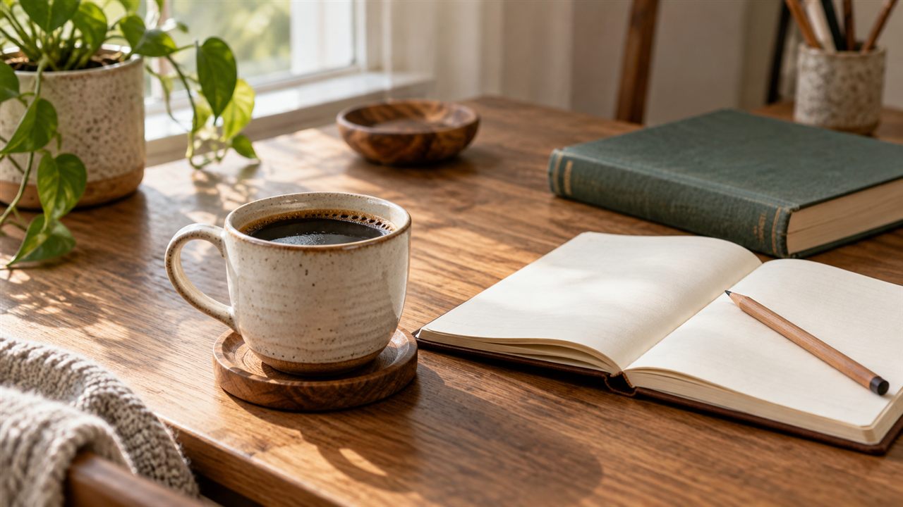 Black coffee beside an unmarked notebook, pencil and book on a study desk.