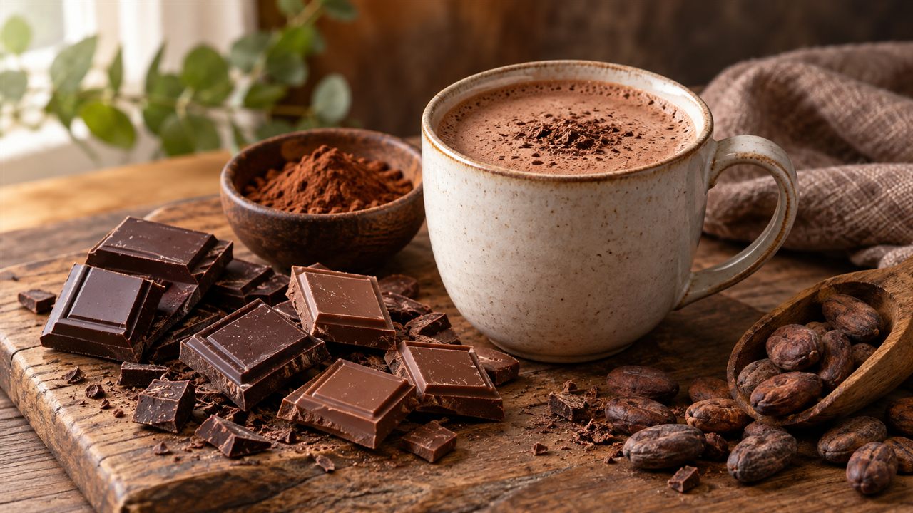 Dark and milk chocolate, cocoa beans and cocoa powder beside a hot cocoa mug.