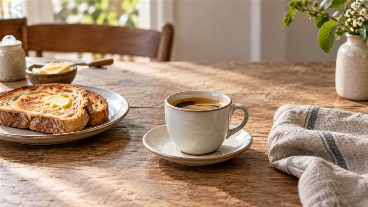 Coffee, toast and a linen napkin on a relaxed breakfast table.
