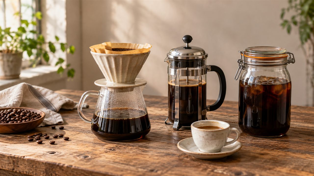 A pour-over brewer, glass cafetière, espresso cup and cold-brew jar.