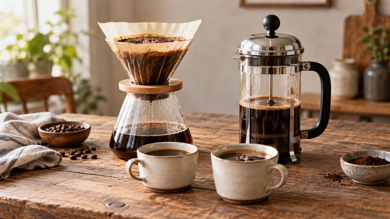 A paper-filter coffee brewer and glass cafetière with two cups.