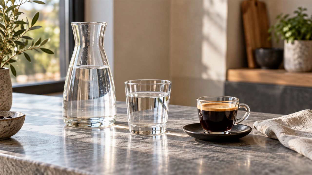A glass water carafe and filled water glass beside a small black coffee.