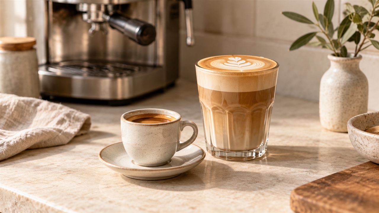 An espresso cup beside a larger latte glass.