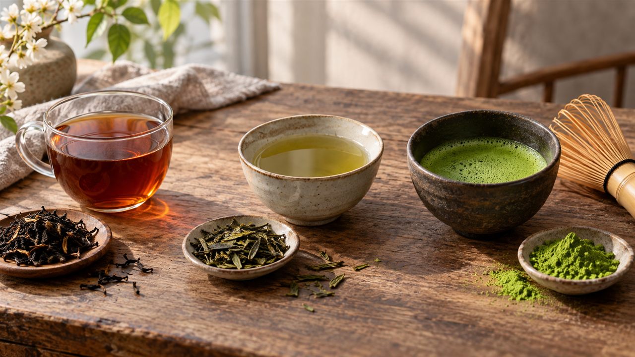 Black tea, green tea and whisked matcha with their leaves, powder and a bamboo whisk.