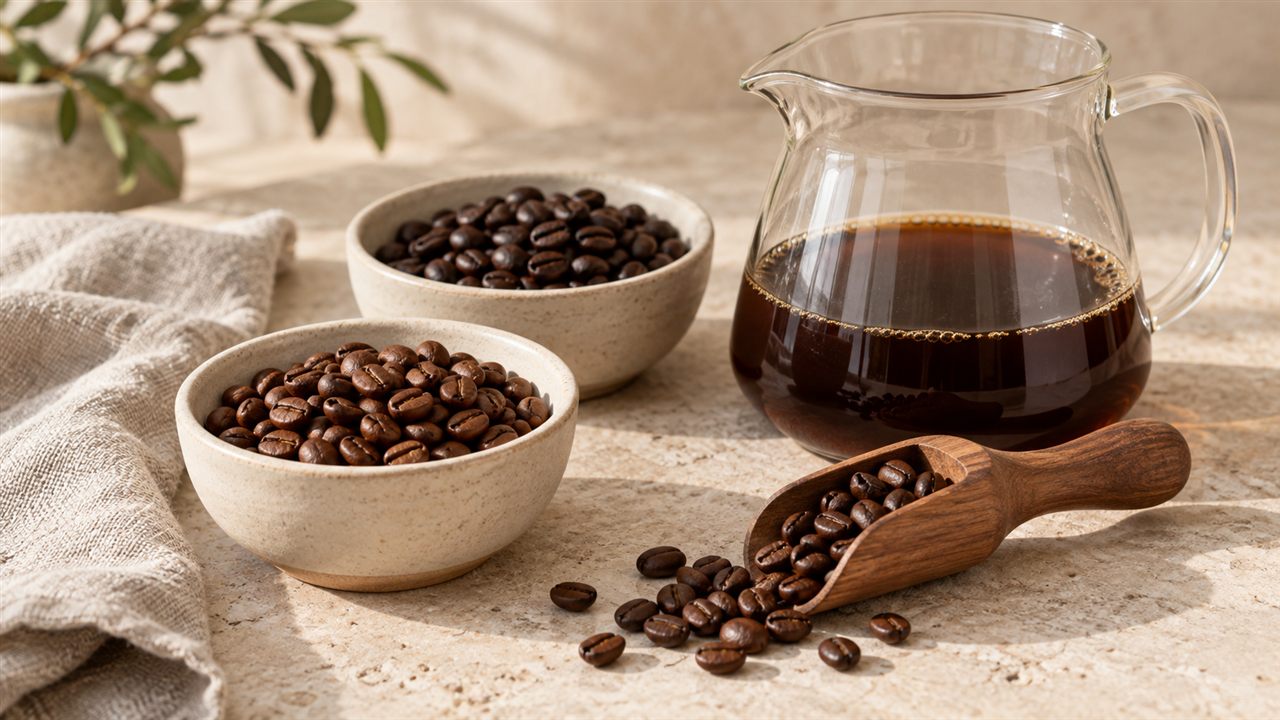Two bowls of coffee beans beside a scoop and coffee carafe.