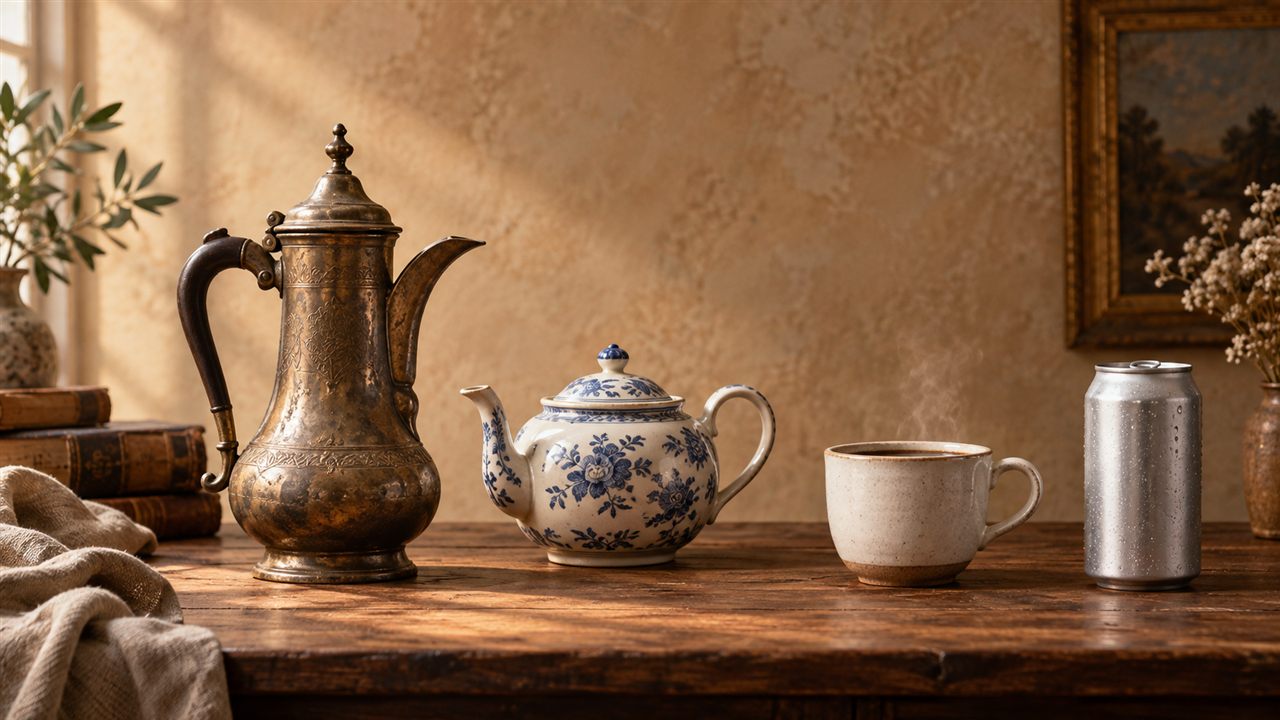An editorial illustration of antique coffee and tea pots beside a modern cup and drinks can.