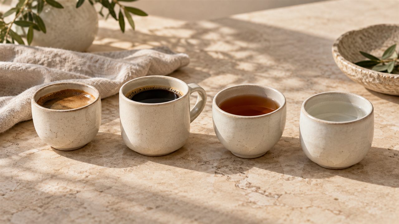 Coffee, tea and water in a row of ceramic cups.