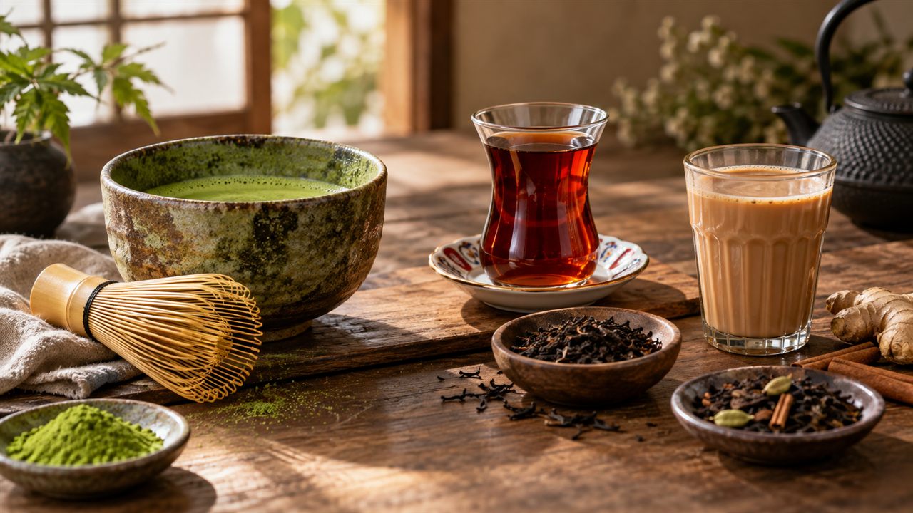 A matcha bowl, tulip tea glass and chai glass with tea leaves and a whisk.