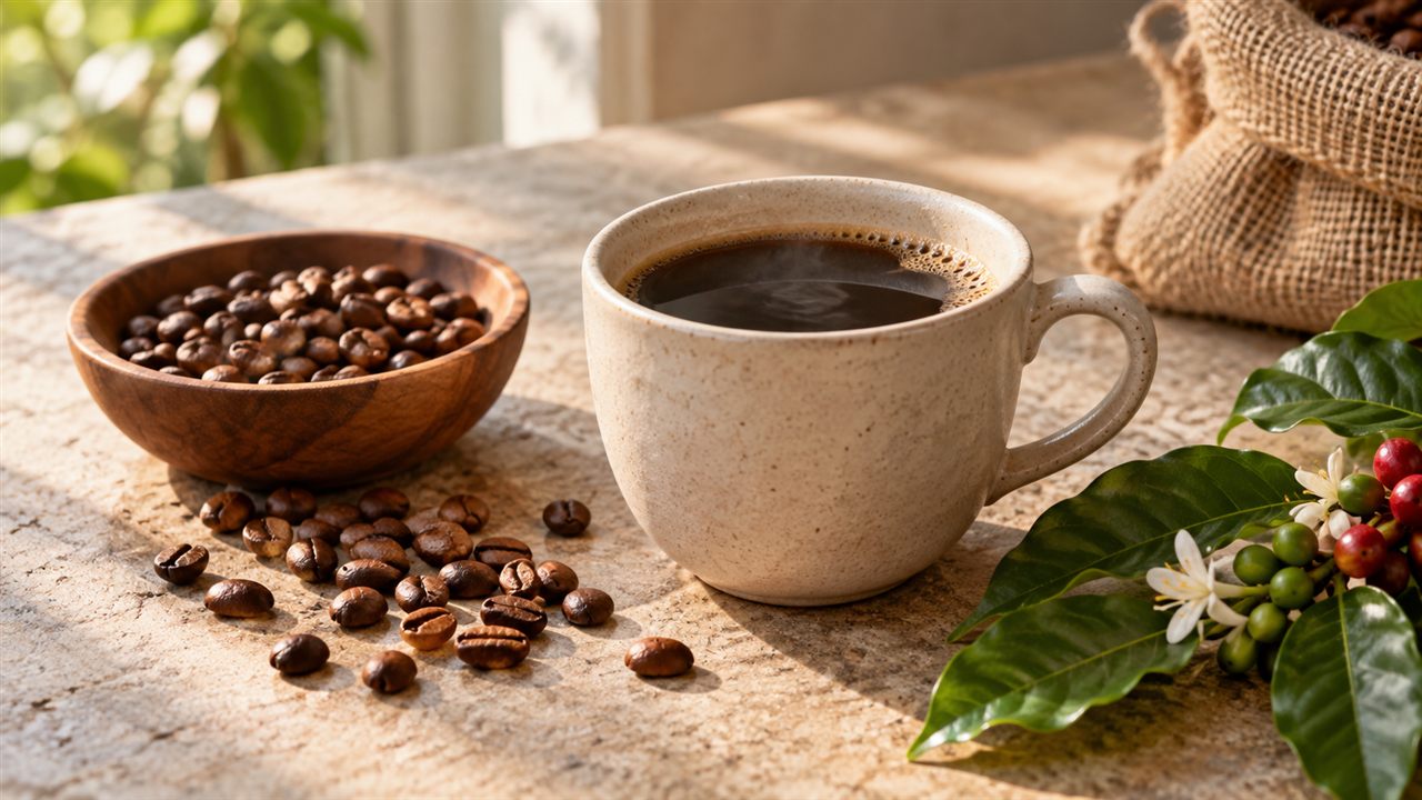 Black coffee, roasted beans and a leafy coffee branch on a sunlit stone table.