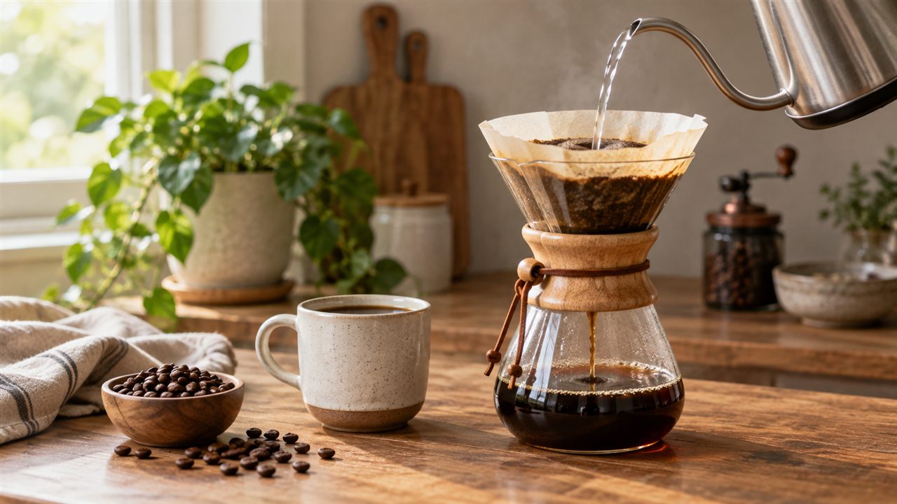 Water pouring through a coffee filter beside a ceramic cup and roasted beans.