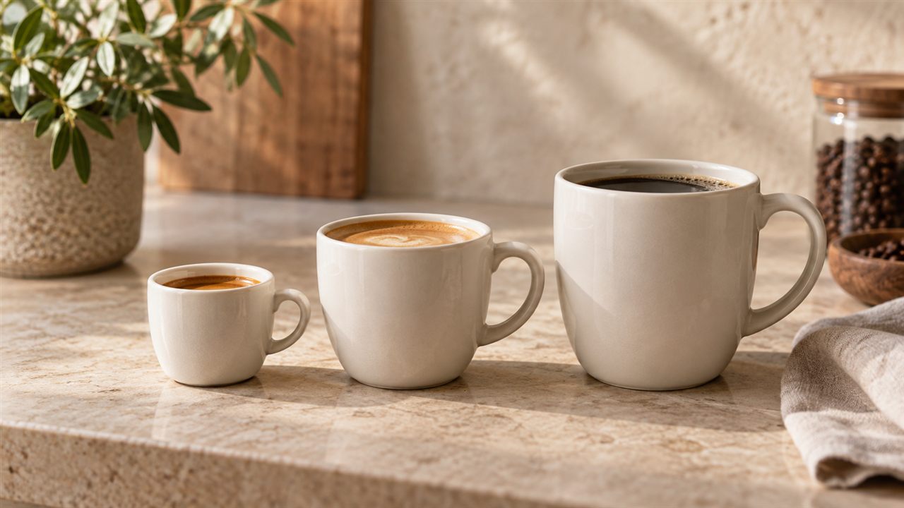 Three different-sized coffee cups, including an espresso cup.
