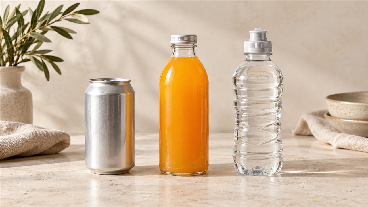 An unbranded can, orange drink and sports bottle.
