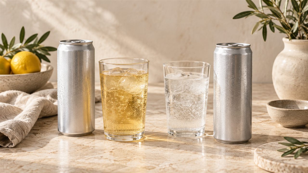Two unbranded cans beside glasses of pale drinks.