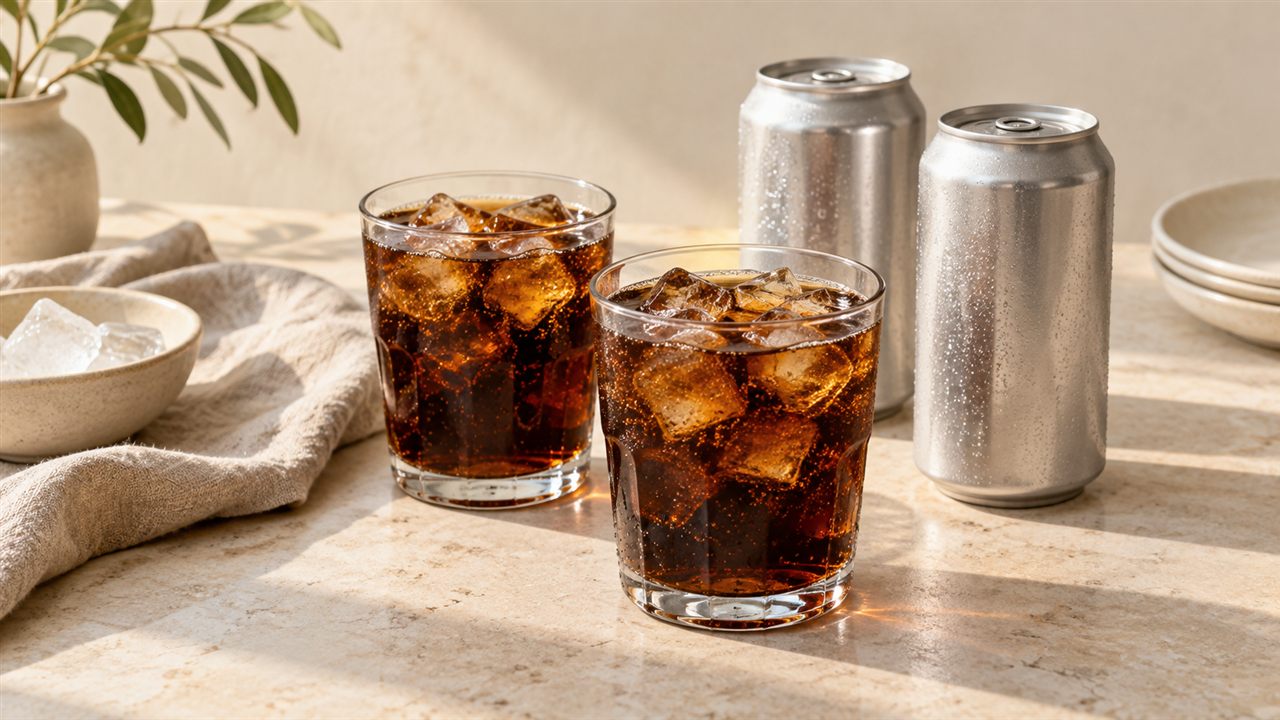 Two glasses of cola and ice beside plain silver cans.