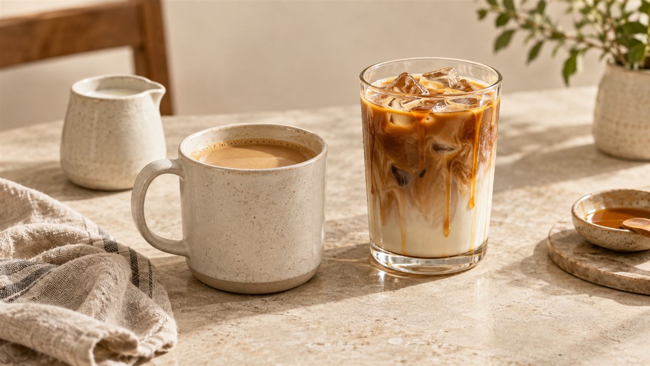 A warm milk coffee beside an iced layered coffee.