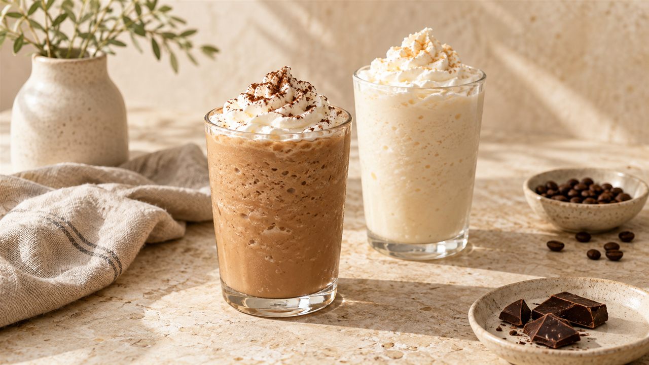 Coffee-coloured and cream-coloured blended drinks in glass tumblers.