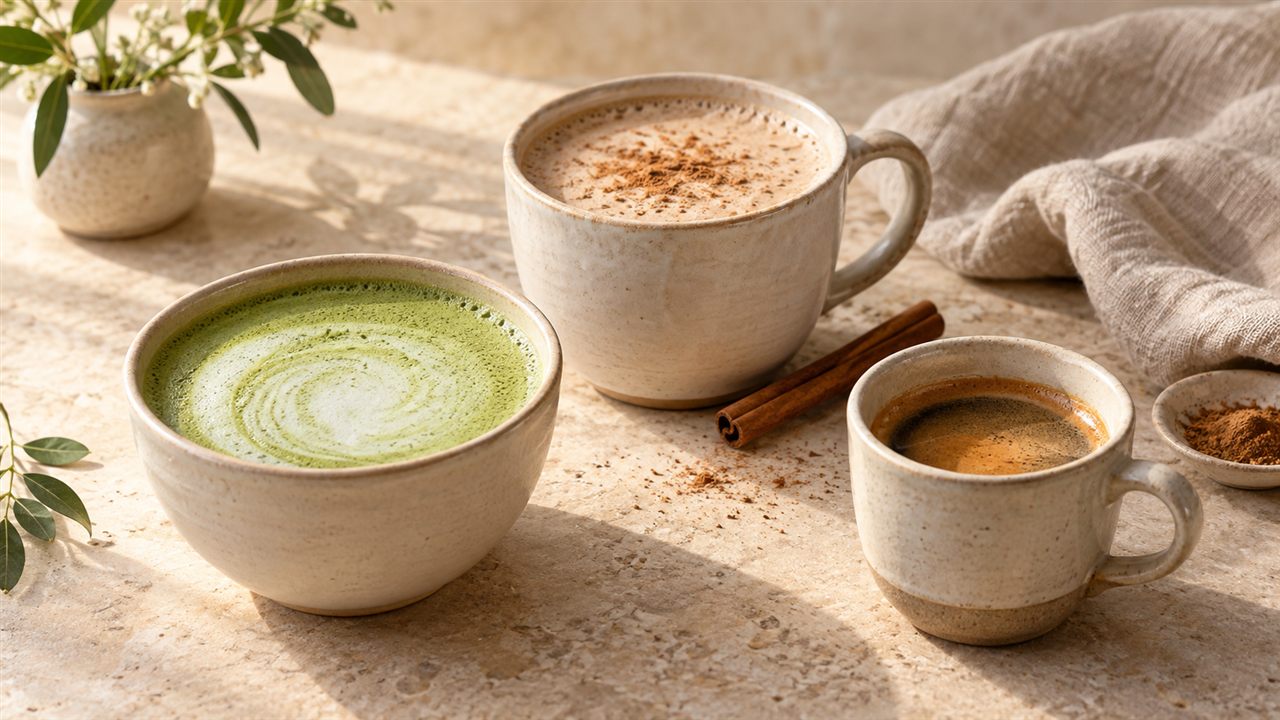 Matcha latte, chai latte and coffee in three ceramic cups.