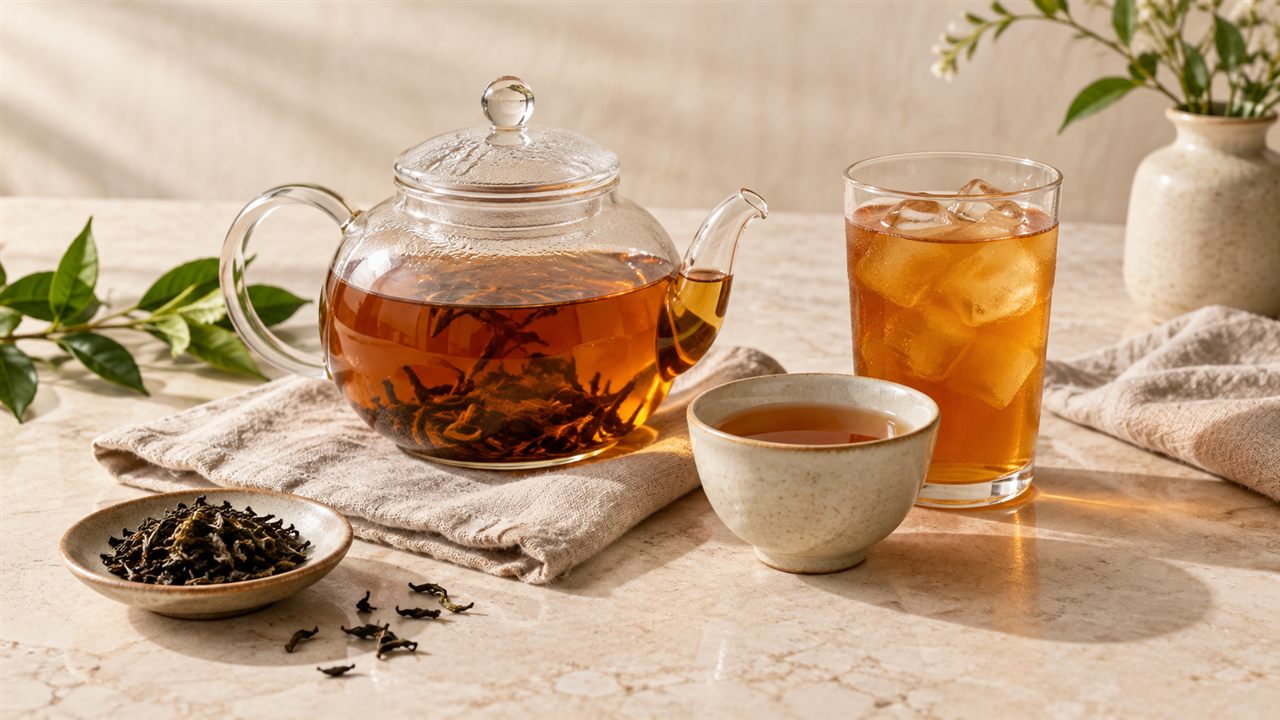 A teapot and cups of hot and iced tea.