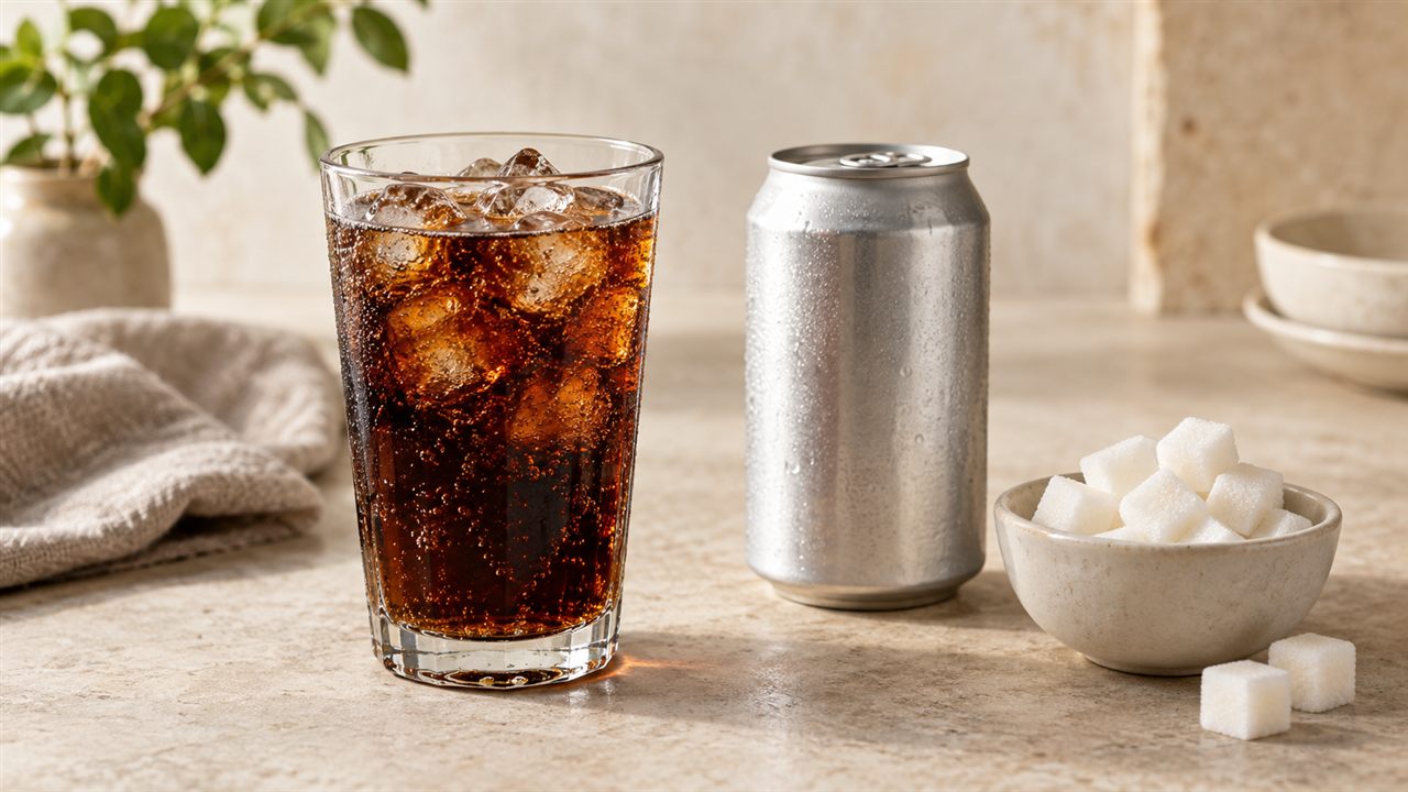 A glass of cola, an unbranded can and a separate bowl of sugar cubes.