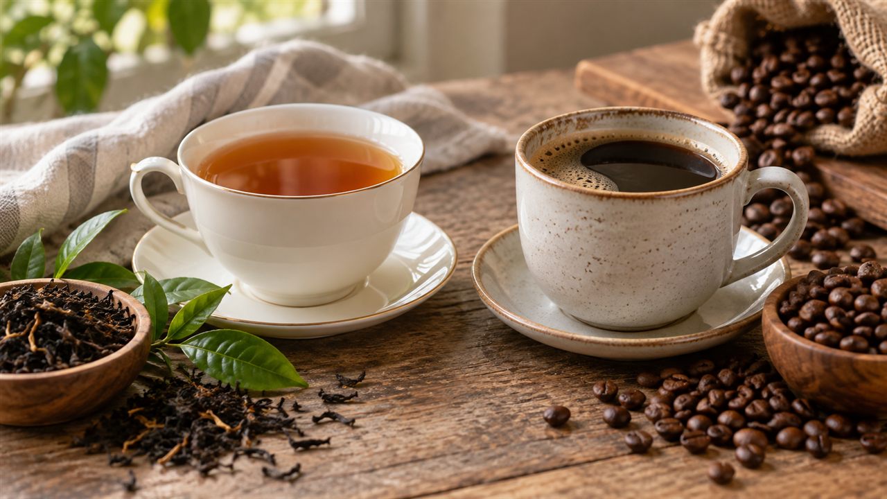 A cup of amber tea beside black coffee, loose leaves and coffee beans.