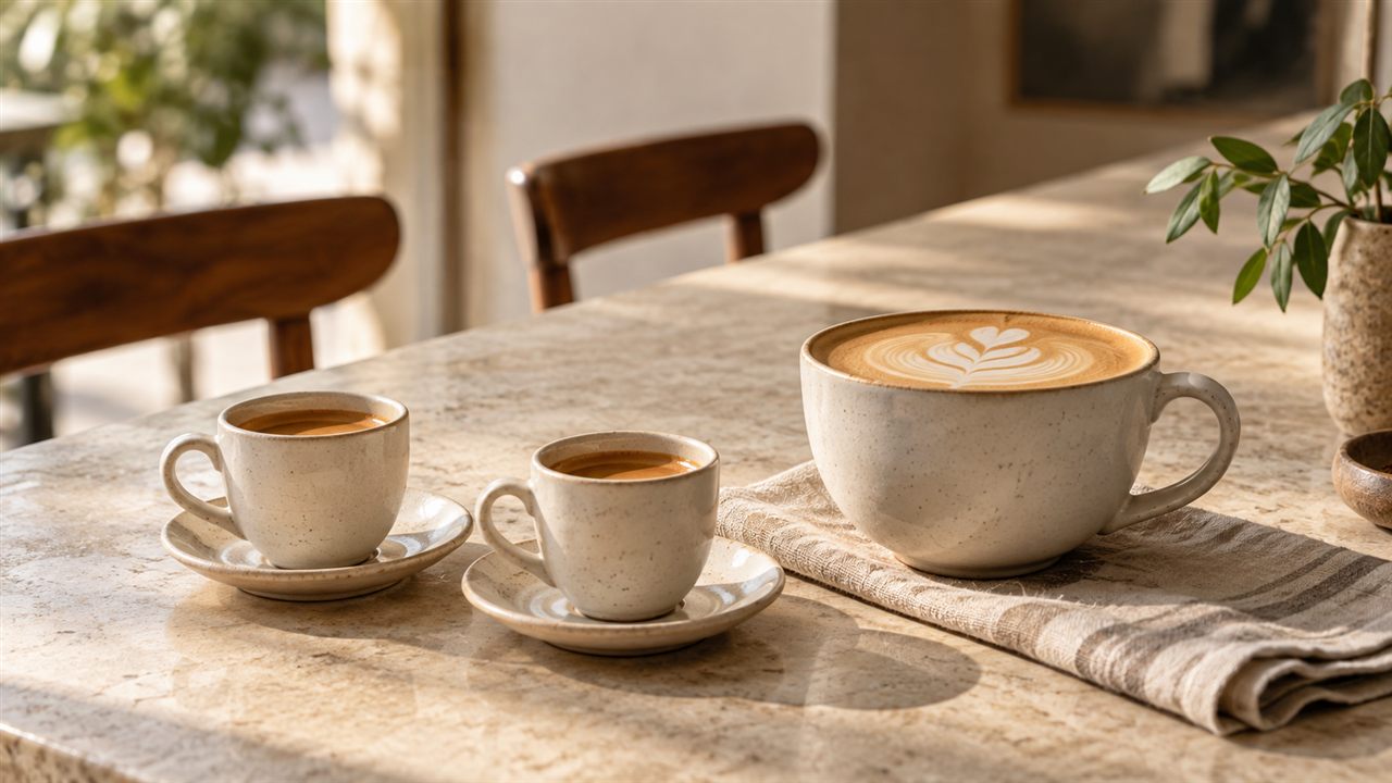 Two small coffee cups alongside one larger cup.
