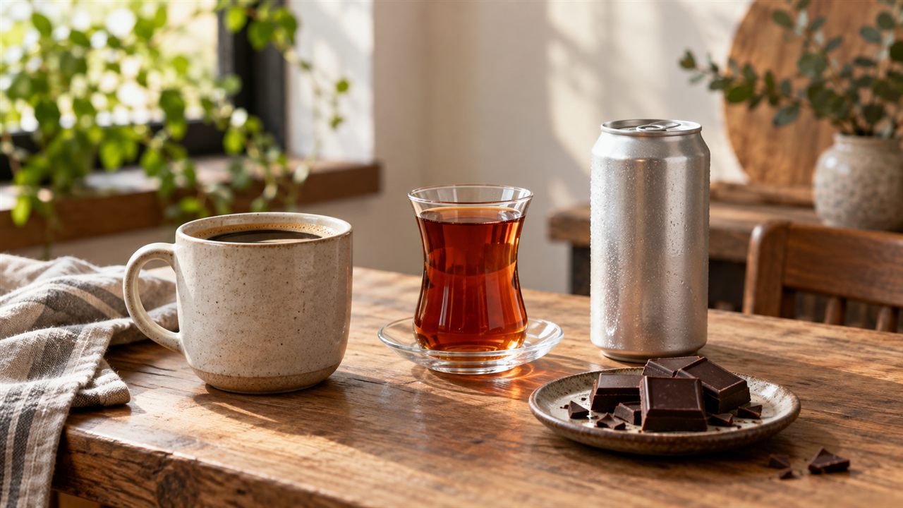Coffee, tea, an unbranded drinks can and dark chocolate arranged together.