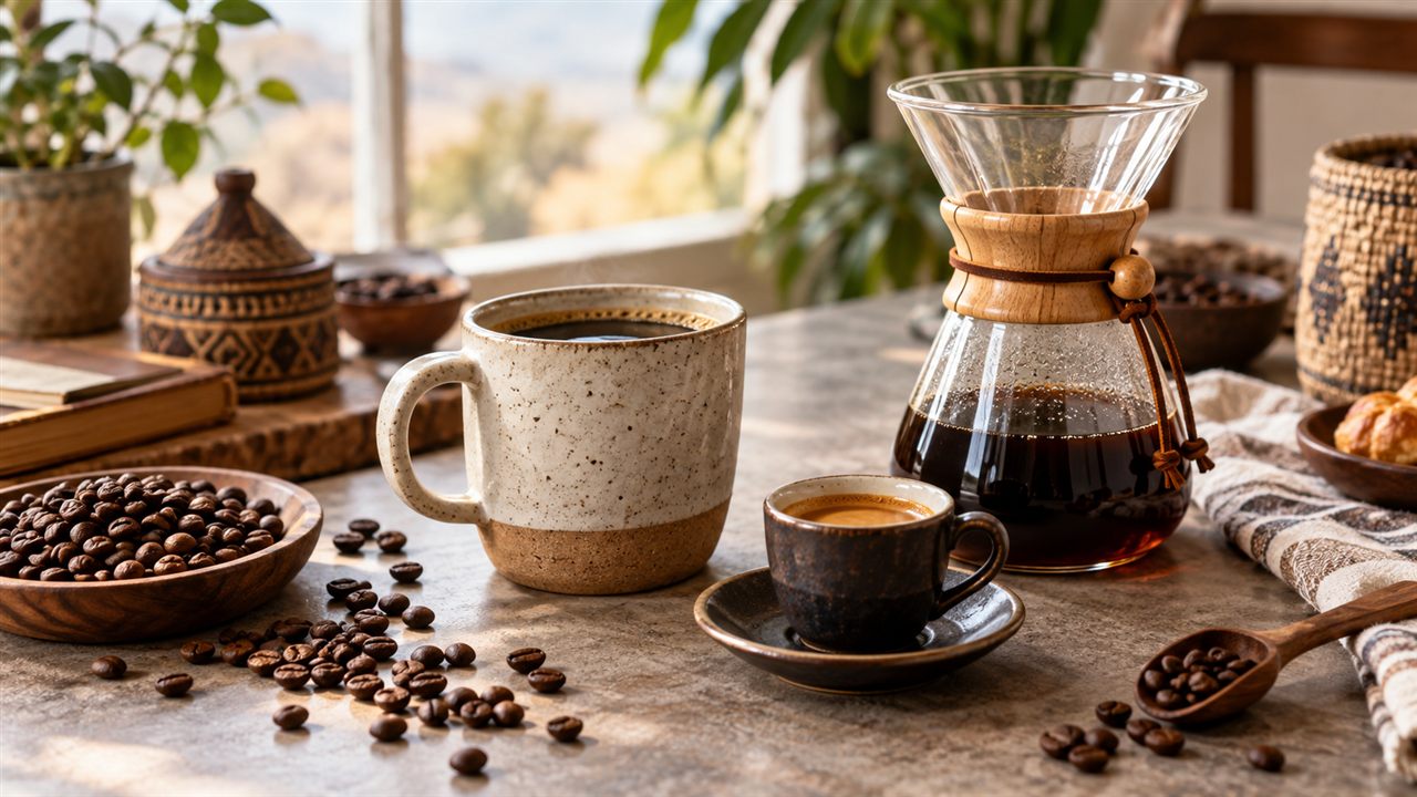 A ceramic coffee mug, espresso cup and glass filter carafe with beans.