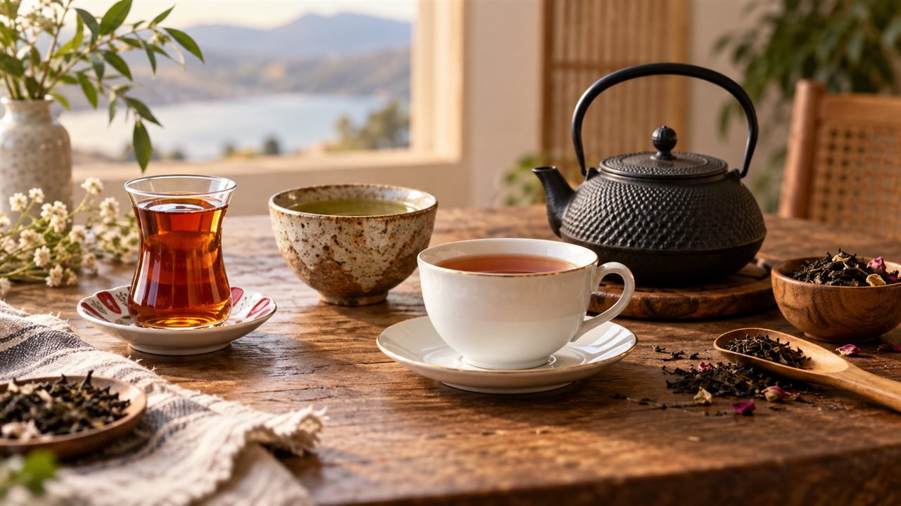 A tulip-shaped tea glass, porcelain teacup, ceramic bowl and teapot.