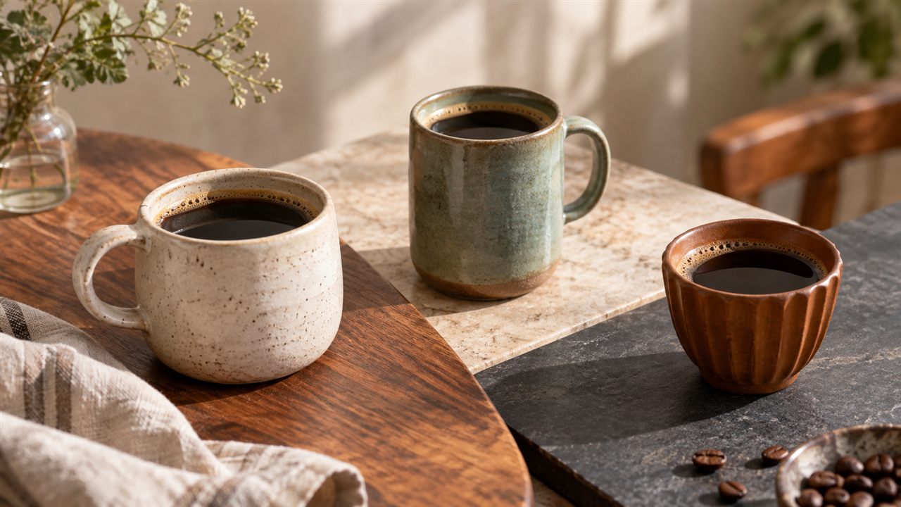 Three differently shaped coffee cups on overlapping warm and cool surfaces.