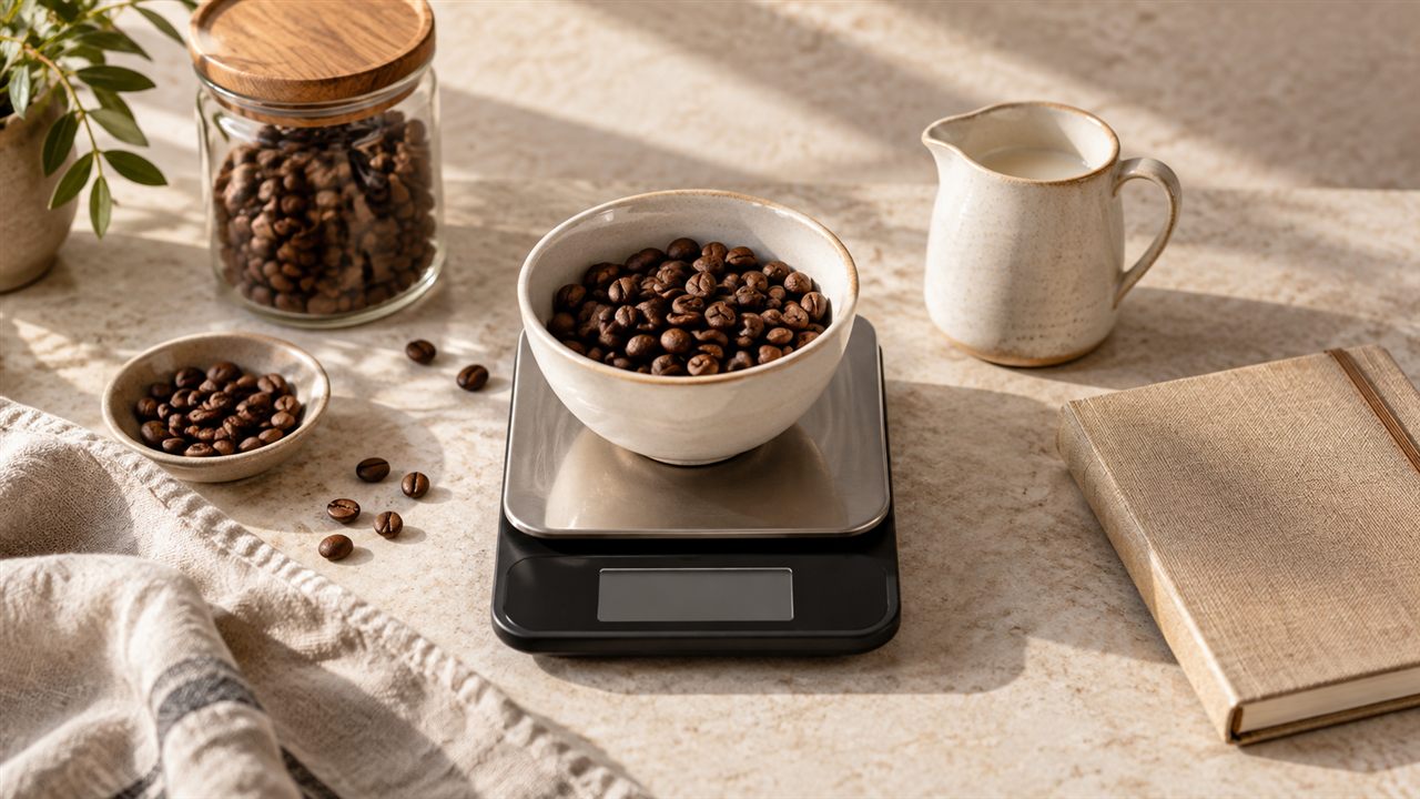 Coffee, a kitchen scale, beans, measuring jug and notebook.