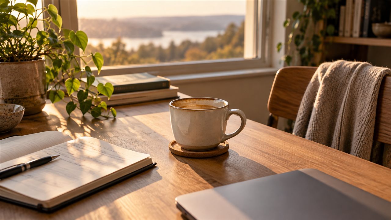 A half-finished coffee on a quiet desk in late-afternoon light.