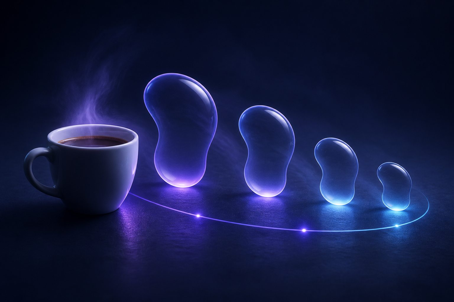 A coffee cup beside a sequence of glowing forms that gradually decrease in size.