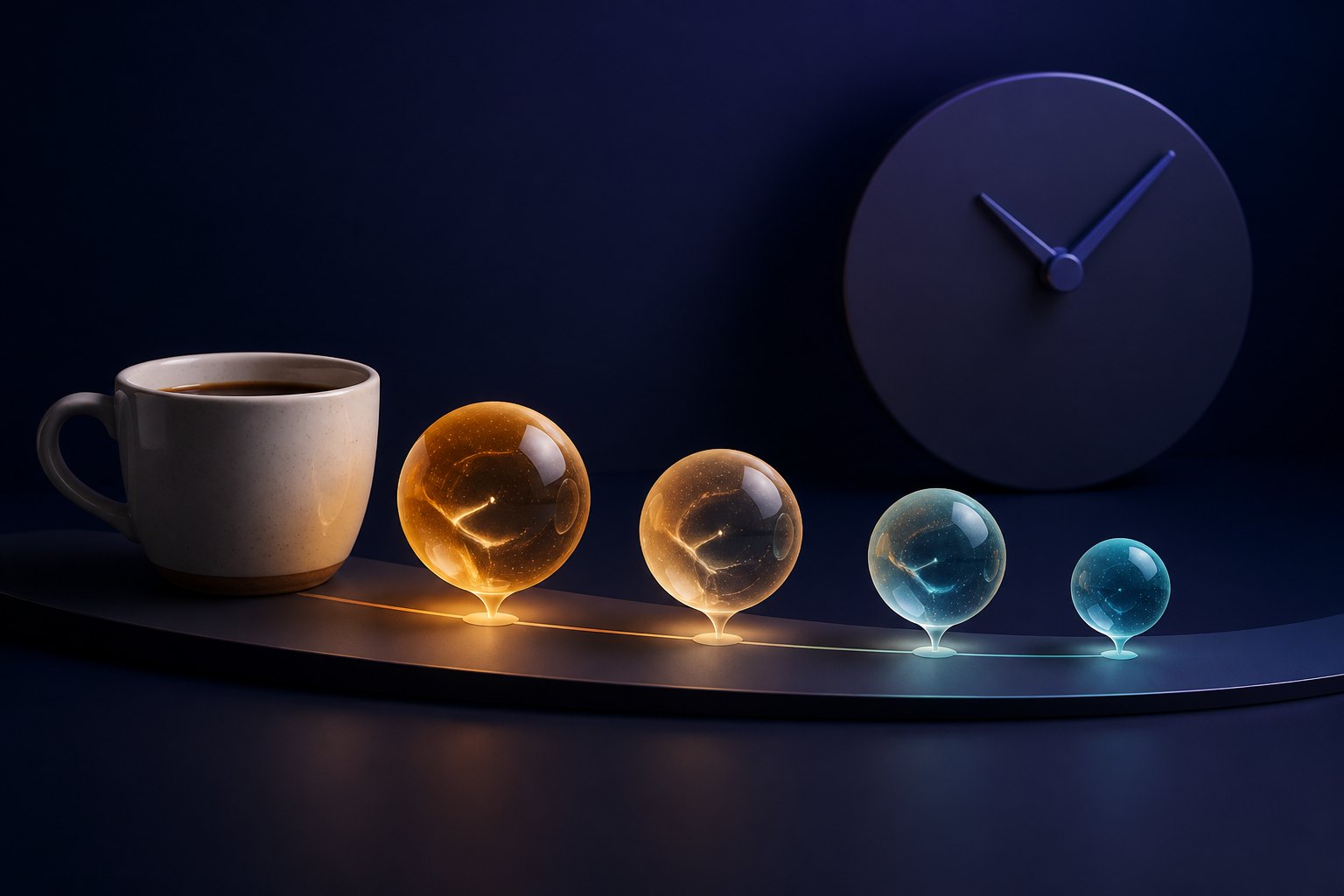 A coffee cup beside four progressively smaller glowing spheres and a sculptural clock.