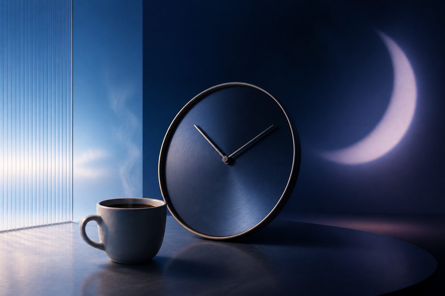 A coffee cup and a sculptural clock set against an evening crescent of light.