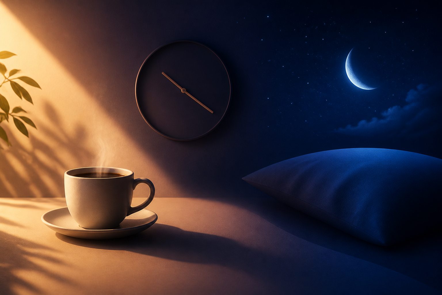 An afternoon coffee scene transitioning into a moonlit sleep setting.