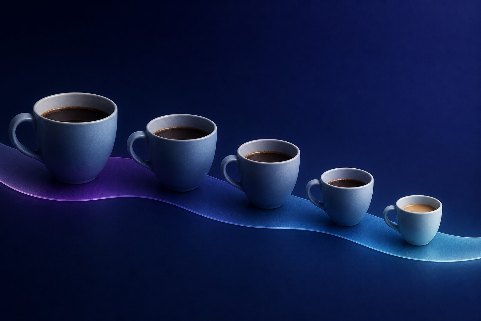 Five coffee cups arranged in a gradual descending sequence.