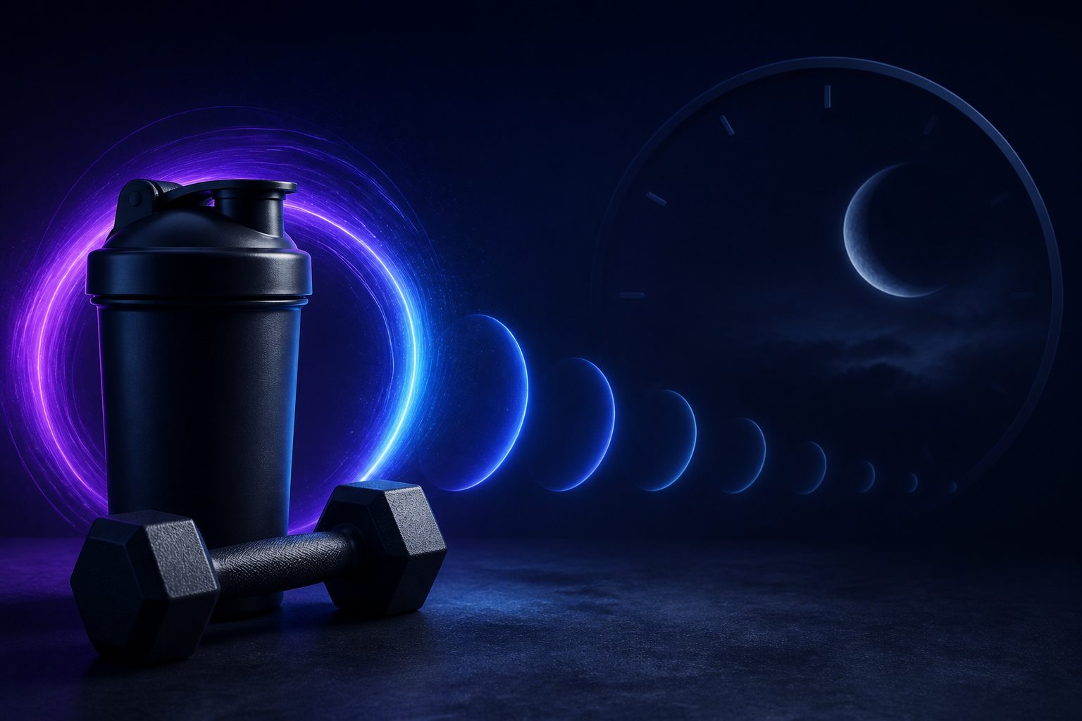 An unbranded gym shaker and dumbbell beside a fading sequence of glowing forms.